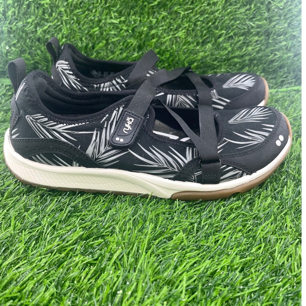 Ryka Women's Training Walking Yoga Shoes Black Palm Print Strap Comfort 7.5 Wide